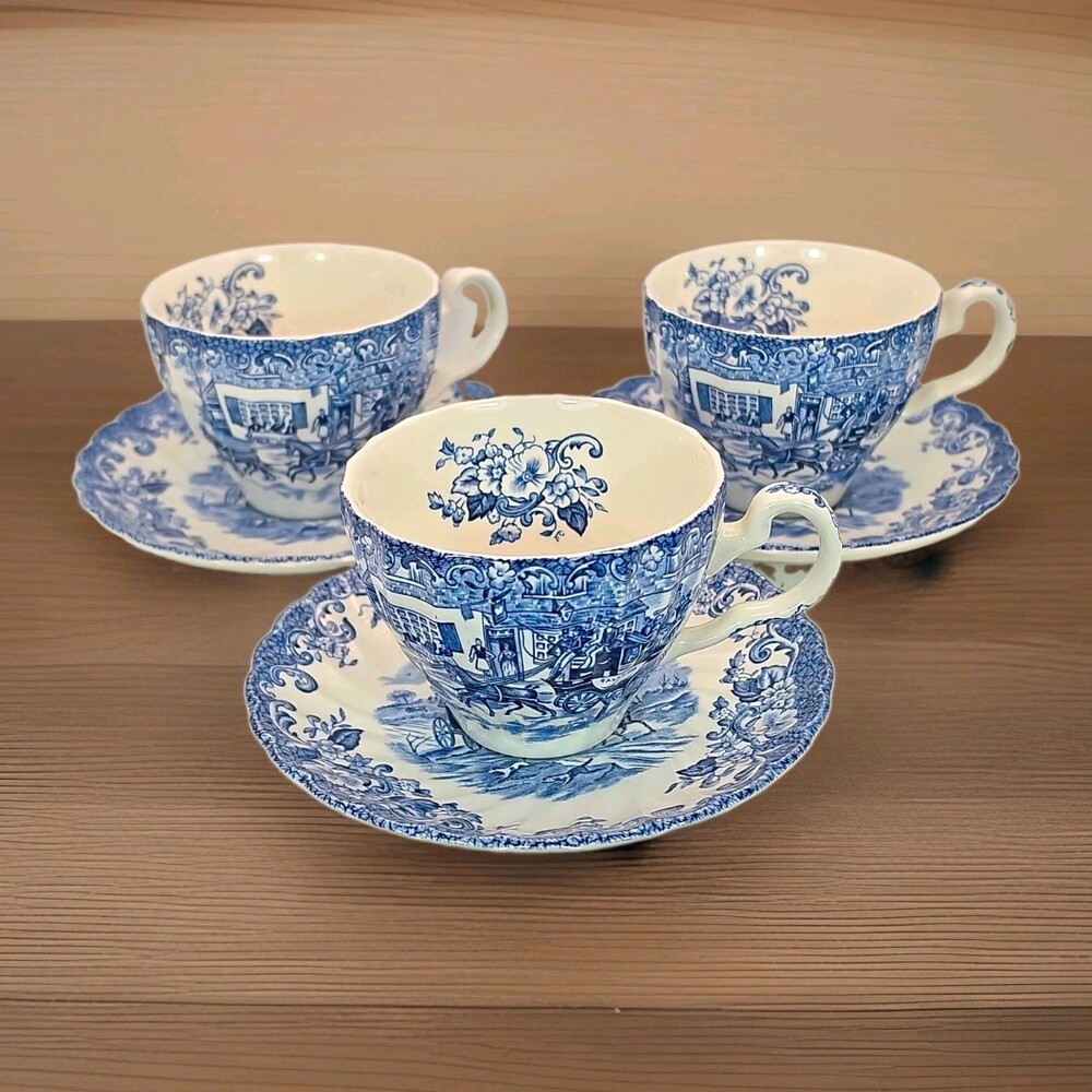 Johnson Bros "Coaching" Scenes Blue White Ironstone Cup & Saucer Set 6pc England